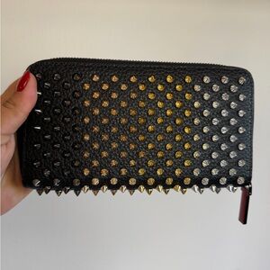 Christian Louboutin Black Wallet with Silver Zip Pull and Stud Details
